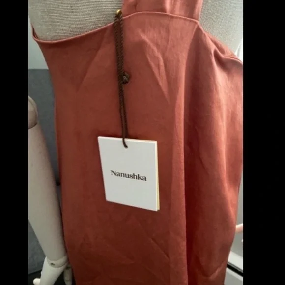 Nanushka Zena Tunic Dress size Large Salmon One Shoulder Satin Maxi Sleeveless - Picture 5 of 5